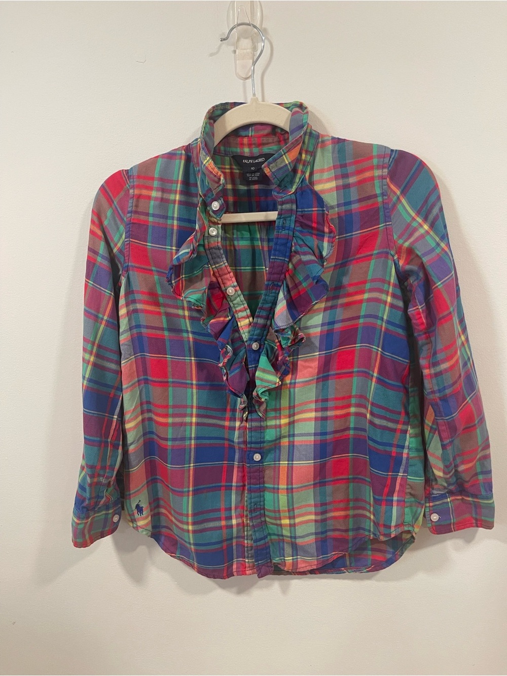 Ralph Lauren Girls' Red Blue Green Plaid Ruffle Button-Up Shirt